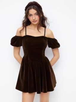 Cider - Velvet Women's Off-Shoulder Puff Sleeve Lace-Up Mini Dress Brown