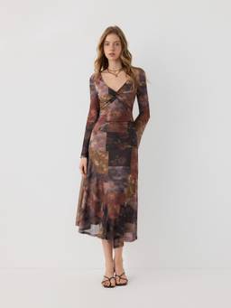 Cider - Mesh V-Neck Women's Floral Twist Asymmetrical Maxi Dress Brown