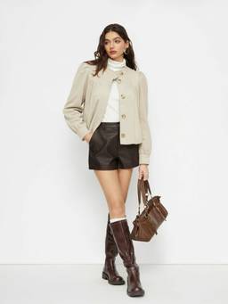 Cider - Suede Women's Ruched Stand Collar Jacket Light Grey