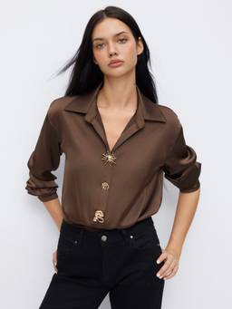 Cider - Satin Metal Button Women Oversized Collar Neck Bodysuit Brown