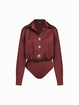 Cider - Satin Metal Button Women’s Oversized Collar Neck Bodysuit Wine