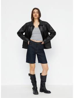Cider - Faux Leather Women's Oversized Button Shacket Black