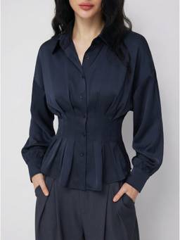 Cider - Satin Women's Ruffled Cinched Waist Button-Down Shirt Navy Blue