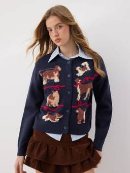Cider - Cute Dog Embroidered Women’s Oversized Button-Up Cardigan Navy Blue