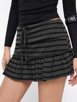 Cider - Striped Women's Drawstring Lettuce Trim Mini Skort Grey