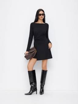Cider - Boat Neck Women Ruched Tie-Up Bell Sleeve Mini Dress Black