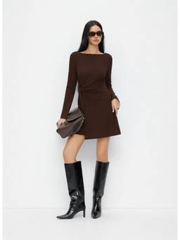 Cider - Women's Boat Neck Bell Sleeve Ruched Mini Dress Brown