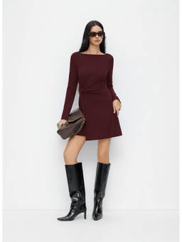 Cider - Tie Side Ruched Women's Boat Neck Bell Sleeve Mini Dress Wine