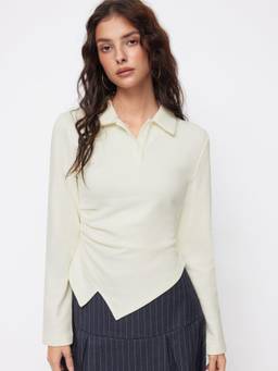 Cider - Cotton-Blend Women Ruched Hanky Hem Polo Top White