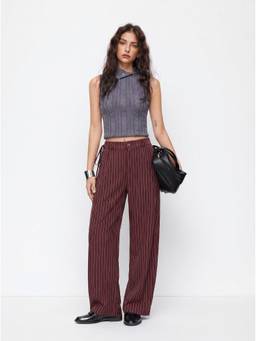 Cider - Striped Side-Knot Women's Mid-Waist Barrel-Leg Trousers Burgundy