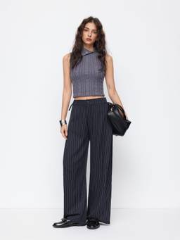 Cider - Striped Side-Knot Women’s Mid-Waist Barrel-Leg Trousers Navy Blue