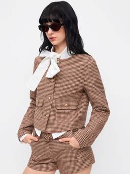 Cider - Tweed Houndstooth Women's Round Neck Button Jacket Camel
