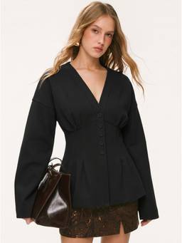 Cider - Wool-look Women’s Cinched Waist V-Neck Jacket Black