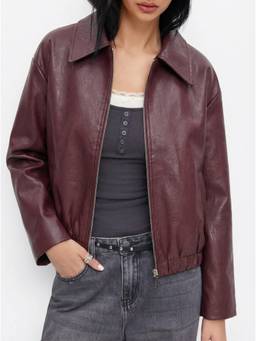 Cider - Faux Leather Women's Zip-Through Collar Biker Jacket Wine