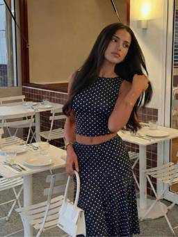 Cider - Women's Polka Dot Boat Neck Ruffle Hem Skirt Set Navy Blue