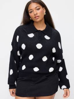 Cider - Knit Polka Dot Women Oversized Polo Neck Sweater Black