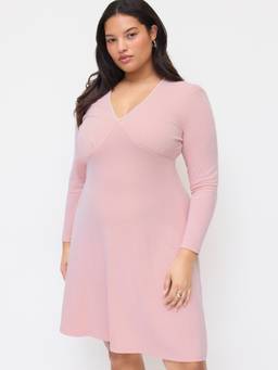 Cider - Bowknot Women's V-Neck Flared Midi Dress Pink