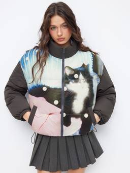 Cider - Cat Graphic Women Stand Collar Zip-Through Puffer Jacket Grey