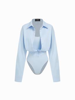 Cider - Cotton-Blend Women Regular Fit Collar Shirt Bodysuit Blue