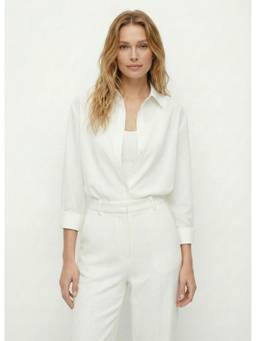 Cider - Cotton-Blend Women Regular Fit Collar Shirt Bodysuit White