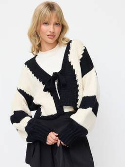 Cider - Knit Women's V-Neck Tie-Up Striped Cardigan Black