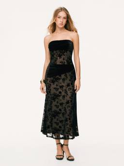 Cider - Velvet Lace Women's Ruched Bandeau Maxi Dress Black