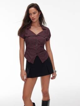Cider - Cotton Blend Women's V-Neck Ruched Button-Down Shirt Red