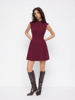 Cider - High Neck Women's Ruffled A-Line Mini Dress Burgundy