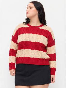 Cider - Cable Knit Women’s Oversized Striped Round Neck Sweater Red