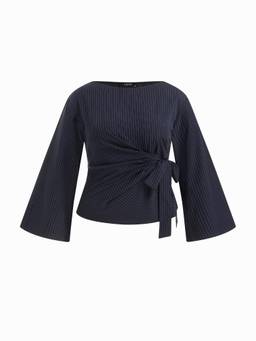 Cider - Stripe Knotted Women's Boat Neck Bell Sleeve Blouse Navy Blue