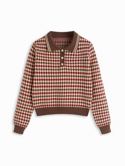Cider - Argyle Knit Women Polo Collar Button Top Brown