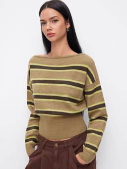Cider - Knit Women's Striped Boat Neck Long Sleeve Top Olive