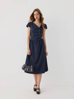 Cider - Asymmetrical Neck Women's Ruched Tie-Back Midi Flared Dress Navy Blue