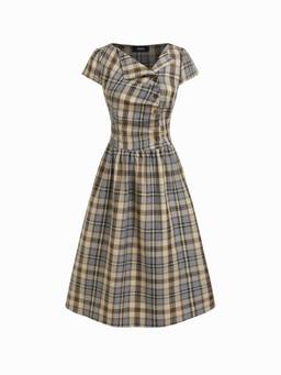 Cider - Tartan Women's Ruched Tie-Back Flared Midi Dress Khaki