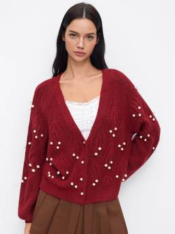 Cider - Knit Women's Faux Pearl Oversized V-Neck Cardigan Red