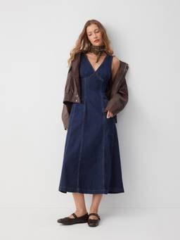 Cider - Stretch Denim Women's V-Neck Flared Maxi Dress Dark Navy