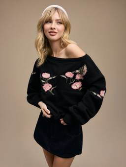 Cider - Knit Women's Floral Asymmetrical Neck Top Black