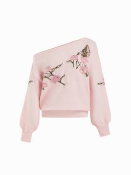 Cider - Knit Women's Floral Asymmetrical Neck Balloon Sleeve Top Pink