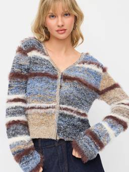 Cider - Striped Women's V-Neck Button-Up Cardigan Brown