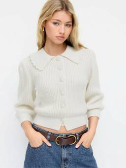 Cider - Knit Peter Pan Women's Puff Sleeve Button-Up Cardigan Cream
