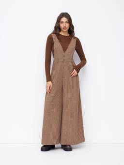 Cider - Wool-look Women V-Neck Houndstooth Wide-Leg Dungaree Brown
