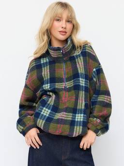 Cider - Plaid Fleece Women's Oversized High Neck Half Zip Sweatshirt Olive