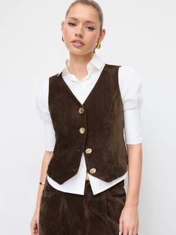 Cider - Velvet Women's V-Neck Metal Button Tie-Back Vest Brown