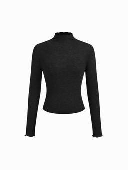 Cider - Wool-Blend Women Ribbed High Neck Lettuce Trim Top Black