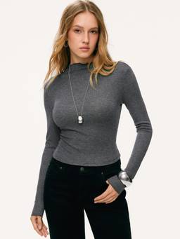 Cider - Wool-Blend Women Ribbed High Neck Long Sleeve Top Grey