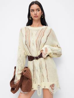 Cider - Cable Knit Women's Hollow Out Oversized Mini Dress Ivory