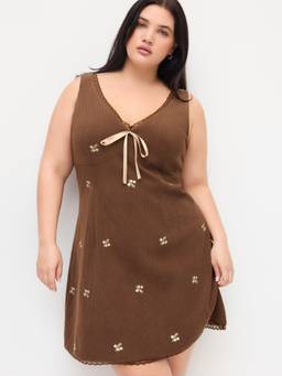 Cider - Corduroy Women's Floral V-Neck Lace Trim Bow Mini Dress Brown
