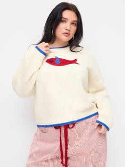 Cider - Knit Women's Fish Graphic Round Neck Oversized Top Cream