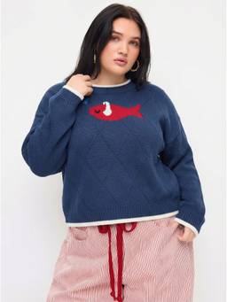 Cider - Knit Women's Fish Graphic Round Neck Oversized Top Navy Blue