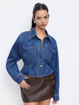 Cider - Cinched Waist Women Ruffle Hem Denim Jacket Navy Blue